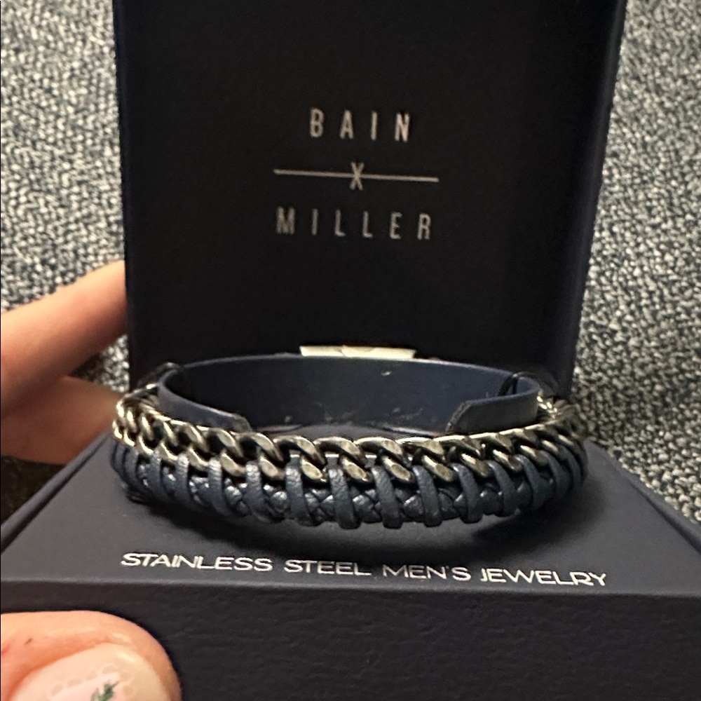 Bain X Miller stainless steel braided bracelet with navy blue leather band